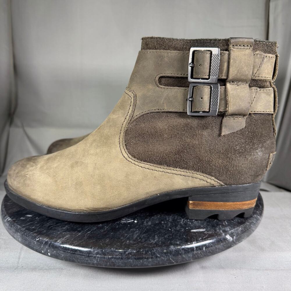 Sorel Lolla Green Leather‎ Ankle Boot Zip-UP/Buckles Women’s Size 8.5 US